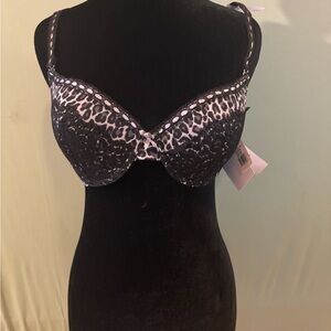 Black and Animal Print Lace Trim Bra with Adjustable Straps 36C